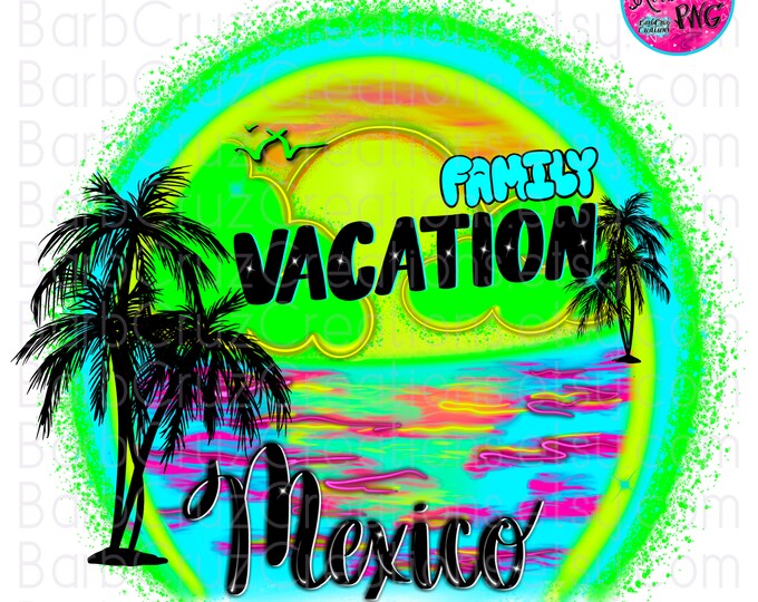 Airbrush png, Mexico, tropical, sunset, sunrise, palm trees, beach, vacation, DTF, Sublimation designs, ocean, Spray Paint, neon green