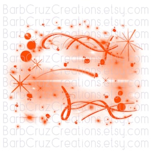 May include: Orange digital art with swirls, stars, and splatters on a white background.