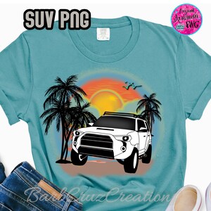 May include: A teal blue t-shirt with a white SUV silhouette on a sunset background with palm trees. The text "SUV PNG" is in the top left corner and "Original Airbrush PNG" is in the top right corner.