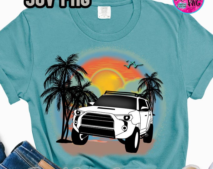Airbrush png, Truck, Car, Sunset, Sunrise, Paradise, Beach, Ocean, sublimation, digital Summer DTF, 4, runner, favorite car, sport utility