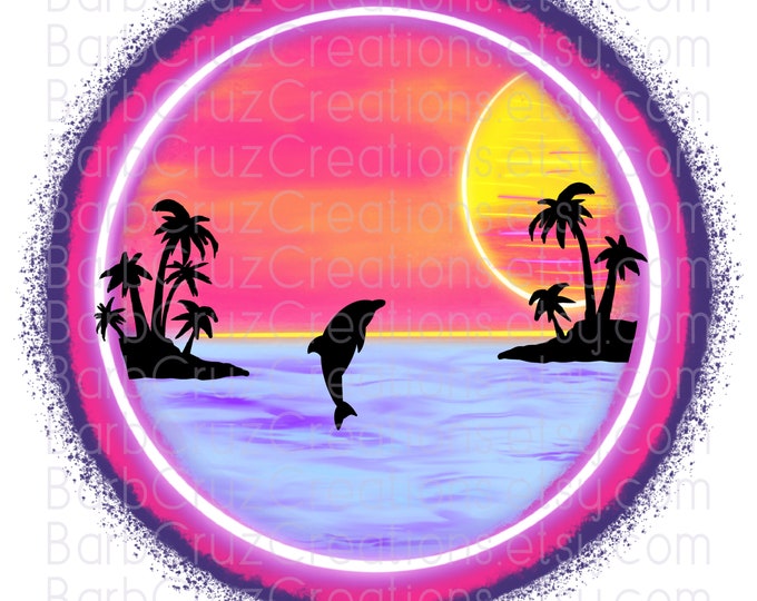 Dolphins, Tropical, Sunset, Sunrise, Paradise, Airbrush, Beach, Ocean, png, jpg, sublimation design, digital download, clip art, Summer