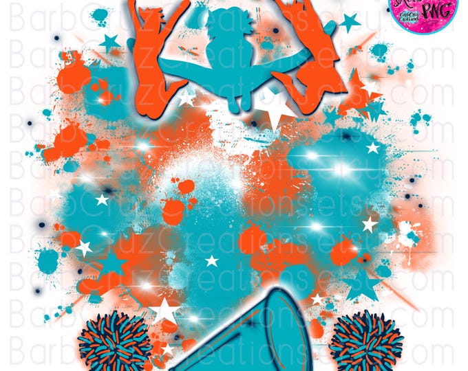 Airbrush png, Cheerleader, Star Burst, Cheer Shirt, Cheer Team shirt, Orange, Blue / Green, Sports Team, Cheer Airbrush, Sublimation, Miami