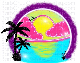 PNG de aerografía, puesta de sol tropical, ambiente playero con aerógrafo, imágenes prediseñadas, diseños de sublimación, playa, océano, descargas digitales, graffiti, arte Y2K