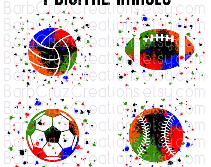 Sports, balls, Volleyball, Soccer, Baseball, Softball, Football, Bundle, Sublimation Designs, Instant Downloads, Transparent, Splatter Paint