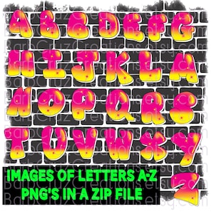 Aérographe png, lettrage, lettres bulles, roses et jaunes, lettres graffiti, alphabet, images aérographes de chaque lettre, sublimation, police amusante
