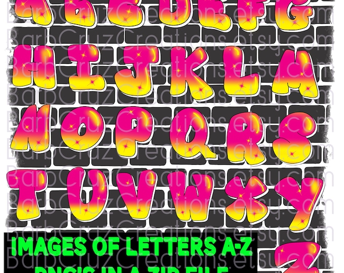 Airbrush png, Lettering, Bubble Letters, Pink & Yellow, Graffiti Letters, Alphabet, Airbrush images of each letter, Sublimation, fun font