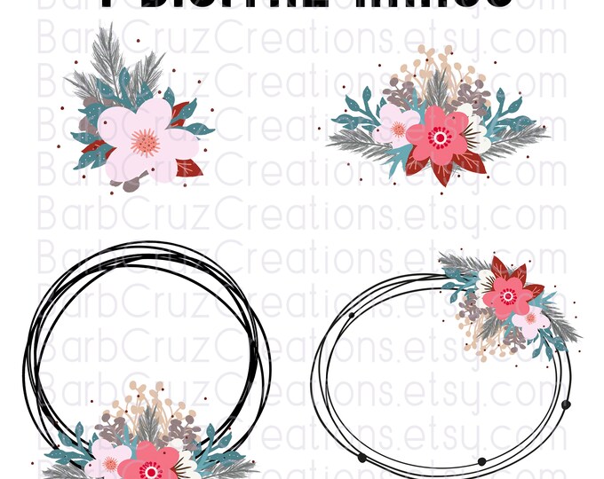 Doodle Floral Wreath, Floral Digital Download, png, clip art, Sublimation Designs, Sublimation Transfers, Digital Download, Instant Download