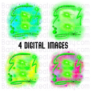 May include: Four digital images of a green neon sign with a retro design. The signs are set against different colored backgrounds, including blue, yellow, pink, and purple.