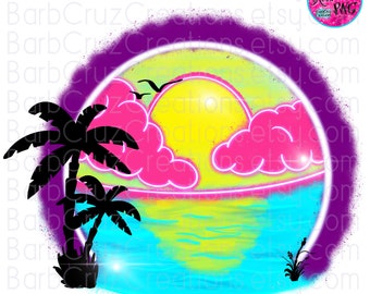 PNG de aerógrafo, atardecer tropical, ambiente playero con aerógrafo, sublimación, PNG de atardecer en la playa, descargas digitales de aerógrafo, diseños de pintura en aerosol, DTF