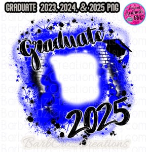 May include: A blue and black graduation photo frame with the word "Graduate" and the year "2025" in a spray paint style. The frame is surrounded by stars and splatters of paint.