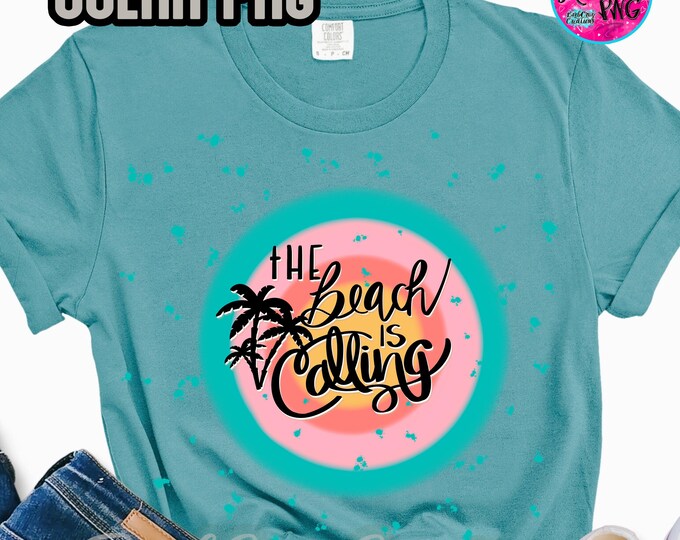 The Beach is Calling, Vacation png, Beach png, Blue, Pink, Yellow, Sublimation Design, Digital Download, clipart, Beach Shirt PNG