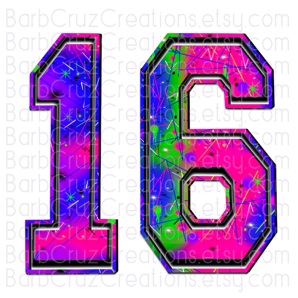 16 neon bright fun colors / Sixteen bday / Birthday / Party Invitation / shirt / Airbrush png / Varsity Numbers / Sublimation Designs