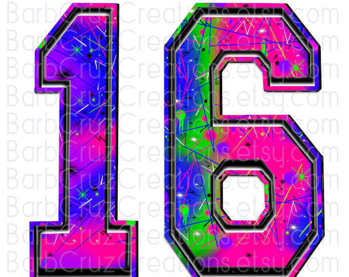 16 neon bright fun colors / Sixteen bday / Birthday / Party Invitation / shirt / Airbrush png / Varsity Numbers / Sublimation Designs
