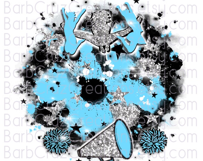 Airbrush png, Cheer, stars, Light Blue, Cheerleader, designs, Shirt, Cheer Team shirt, Sports Team Airbrush, Sublimation, silver glitter