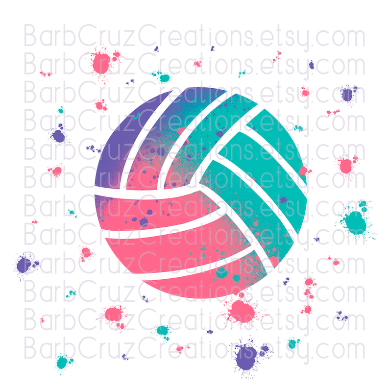 Pu&ograve; includere: Una pallavolo bianca con schizzi di vernice rosa, blu e verde. Lo sfondo &egrave; bianco con il testo "BarbCruzCreations.etsy.com" ripetuto pi&ugrave; volte.