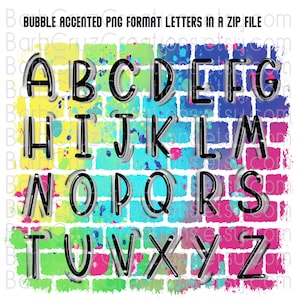 Può includere: Un set di lettere dell'alfabeto in uno stile di font a bolle con un contorno bianco. Le lettere sono su uno sfondo di muro di mattoni con schizzi di vernice colorati.