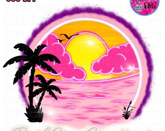 Descargas digitales PNG de playa tropical con aerógrafo rosa, personalización PNG, puesta de sol tropical, diseños de sublimación, palmeras, costa oceánica y aguas.