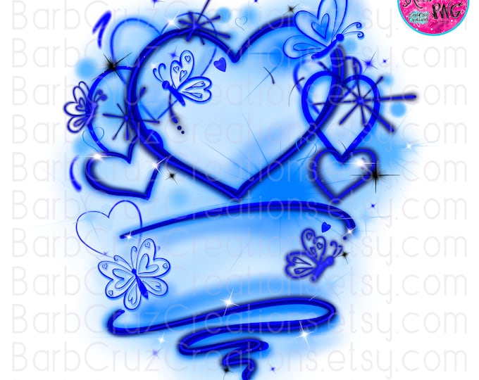 airbrush png, airbrush background, blue hearts, butterfly, template, sublimation, love, retro, 90's vintage, butterflies, Valentine's Day