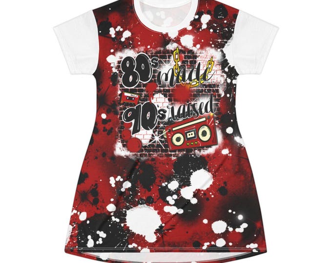 Airbrush Graffiti Red & Black 80's made 90's raised T-shirt Dress, Hip Hip, Retro Dress