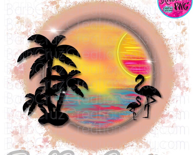 A tropical Background with flamingo's and palm trees at the beach with a sunset or sunrise. Digital Ocean png sublimation designs