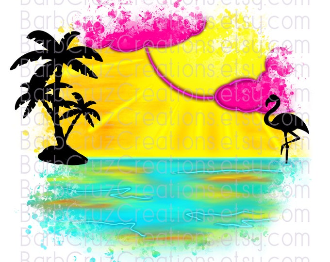Airbrush png, flamingo, tropical, ocean, beach, personalized airbrush png, sunrise, digital, sublimation design, sunrise, trendy popular art