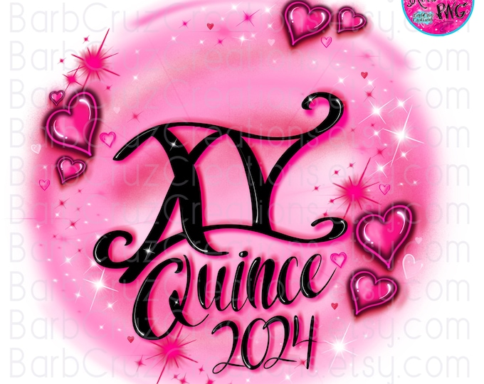 airbrush png, airbrush background, Quince, Birthday, queen, girl, pink hearts, airbrush template, sublimation, love, retro, 90's vintage