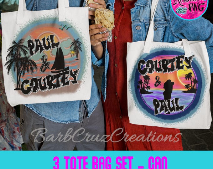 Airbrushed Bags, Set of 3 bags, Custom Airbrush Tote Bags, Graffiti Retro 90's, Tropical Airbrush Bag Set, Honeymoon, Wedding Gift, reusable