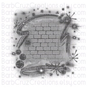 May include: A digital graphic design featuring a brick wall with a gray and white color scheme. The brick wall is surrounded by a white background with gray lines and stars.