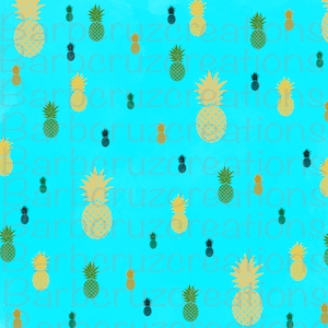 May include: A seamless pattern featuring a repeating design of yellow pineapples with green tops on a bright blue background. The pineapples are in various sizes and orientations.