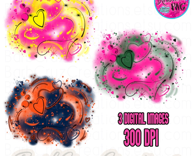 Bundle of 3 Airbrush Hearts Digital Downloads, pink, yellow, blue, green, hearts, sublimation png, airbrush png, Valentine's Day PNG