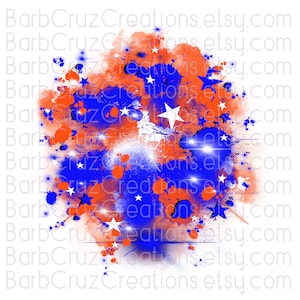 May include: Abstract digital art featuring a red, white, and blue color scheme with a splattered paint effect. The background is white and the image features white stars.