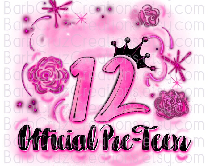 Airbrush png, Sweet 12, Birthday, Teen, Birthday Teen, Purple, Pink, Sublimation Transfer, twelve years old, roses, 12 party png