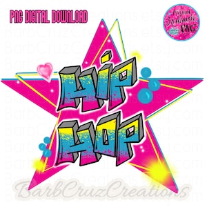 May include: A digital graphic design featuring a large pink star with yellow outlines. The text "HIP HOP" is written in a 3D graffiti style with blue, yellow, and pink gradient colouring. The design includes a small pink heart and blue circles.