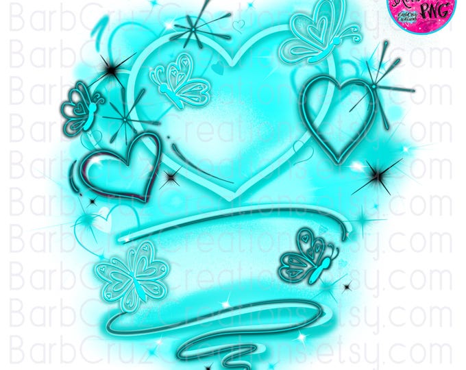 airbrush png, Hip Hop, Hearts, background png, butterfly, graffiti, old school, sublimation, love, retro, 90's vintage, butterflies, Teal