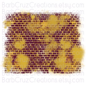 May include: A digital illustration of a brick wall with a distressed, vintage look. The wall is painted in shades of burgundy and gold, with a faded, textured effect. The image is perfect for use as a background or design element.