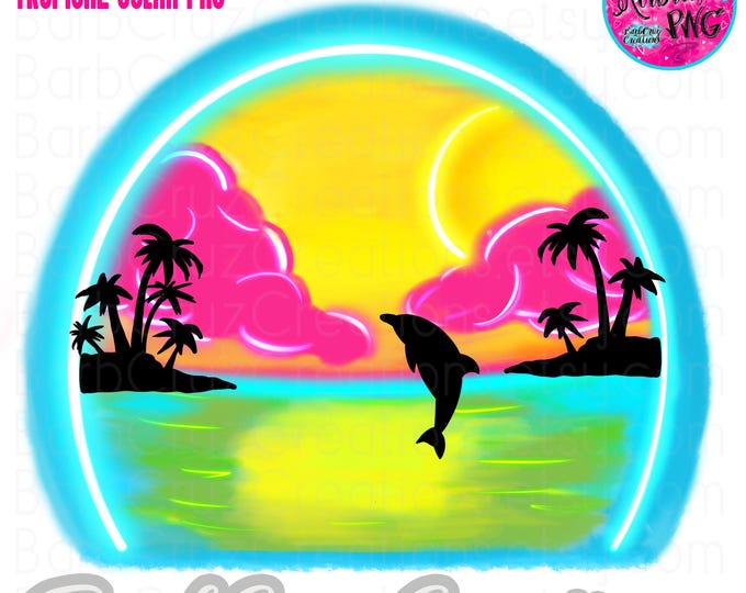 airbrush tropical ocean sunset, palm trees, dolphins, sublimation designs, digital downloads, 300 dpi, instant download, clipart, png