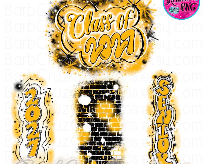 Airbrush png, Vintage Bundle Yellow Black, Senior, Class of 2027, Graffiti, High School Senior,College, pant leg,sleeve,vertical, Nostalgic