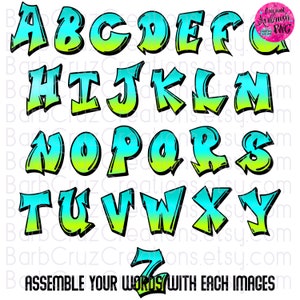 Airbrush Font png, Lettering, Letter Images, Sublimation, DTF, Custom Names, Fun Fonts, Graffiti png, Yellow, Blue-Green
