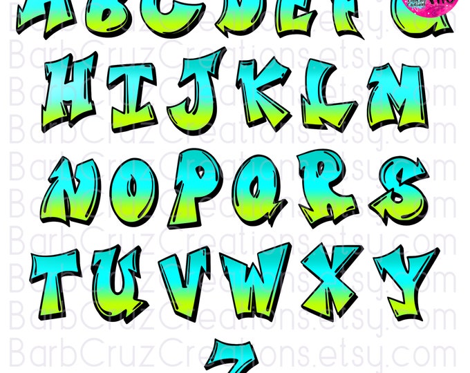 Airbrush Font png, Lettering, Letter Images, Sublimation, DTF, Custom Names, Fun Fonts, Graffiti png, Yellow, Blue-Green