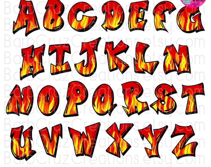 Graffiti Flames, Letters, Airbrush Fonts Lettering png Images, Fire Boxy Fonts, Blazing Hot Letters, Alphabet, Sublimation Design, Digital