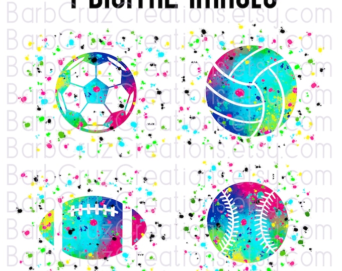 Sports, balls, Volleyball, Soccer, Baseball, Softball, Football, Bundle, Sublimation Designs, Instant Downloads, Transparent, Splatter Paint