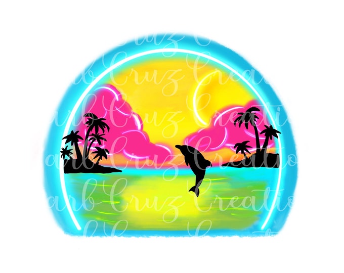 airbrush tropical ocean sunset, palm trees, dolphins, sublimation designs, digital downloads, 300 dpi, instant download, clipart, png