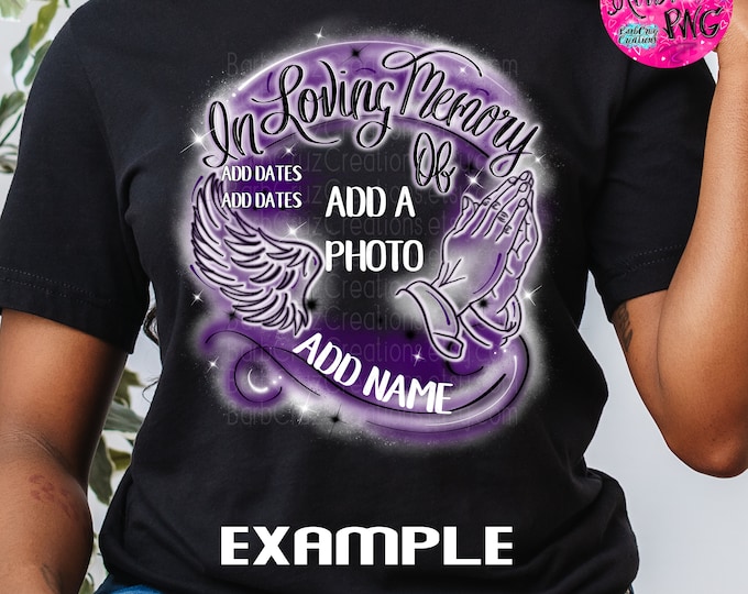 Airbrush png, In loving Memory of, White & Purple In Memory of, DTF, DTG Designs, RIP, Custom memorial shirt, White, Graffiti Memorial frame