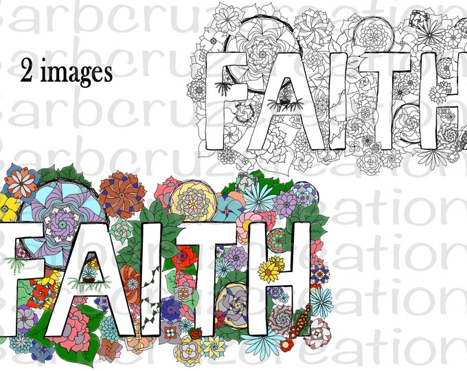 Faith, doodle hand drawn flowers, clipart, png, instant download, digital downloads, sublimation designs, doodle, color in doodle, Christian