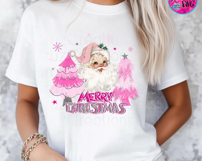 Retro Boho, Santa Claus png, Christmas png, Vintage Merry Christmas, Pink Trees, Holidays, Custom Shirt, Sublimation, DTF, DTG Vintage png
