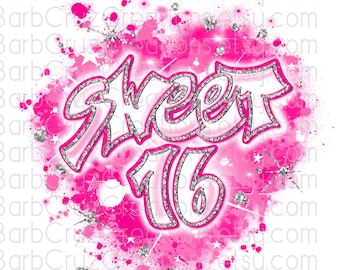 Pode incluir: Design gráfico rosa e branco com o texto "Sweet 16" em uma fonte de estilo graffiti brilhante. O fundo é uma aquarela rosa com estrelas brancas e brilho.