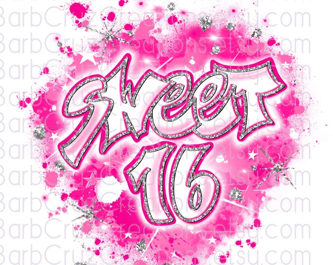 Sweet 16, Sixteen bday, Birthday, Airbrush png, Print Designs, Sublimation Designs, png, jpg clipart, Digital Download, pink, silver glitter
