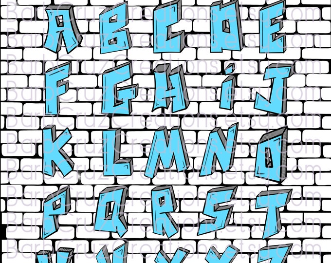 Graffiti Letters, Graffiti Boxy Letters, Blue, Alphabet, Airbrush Fonts, Sublimation Design, Digital Download, png, clipart, Lettering