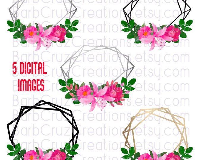Bundle, Modern Wreaths, Pink Flowers, Gold Modern Wreaths, Black, Pink, Silver, Sublimation Designs, Digital Download, png, Instant Download