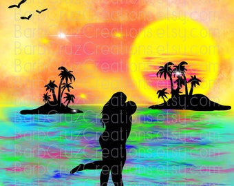 Aerógrafo png, Fondo de aerógrafo, Tropical, Pareja, Isla, Playa, Océano, Atardecer, Amanecer, Paraíso, sublimación, papel digital, Verano